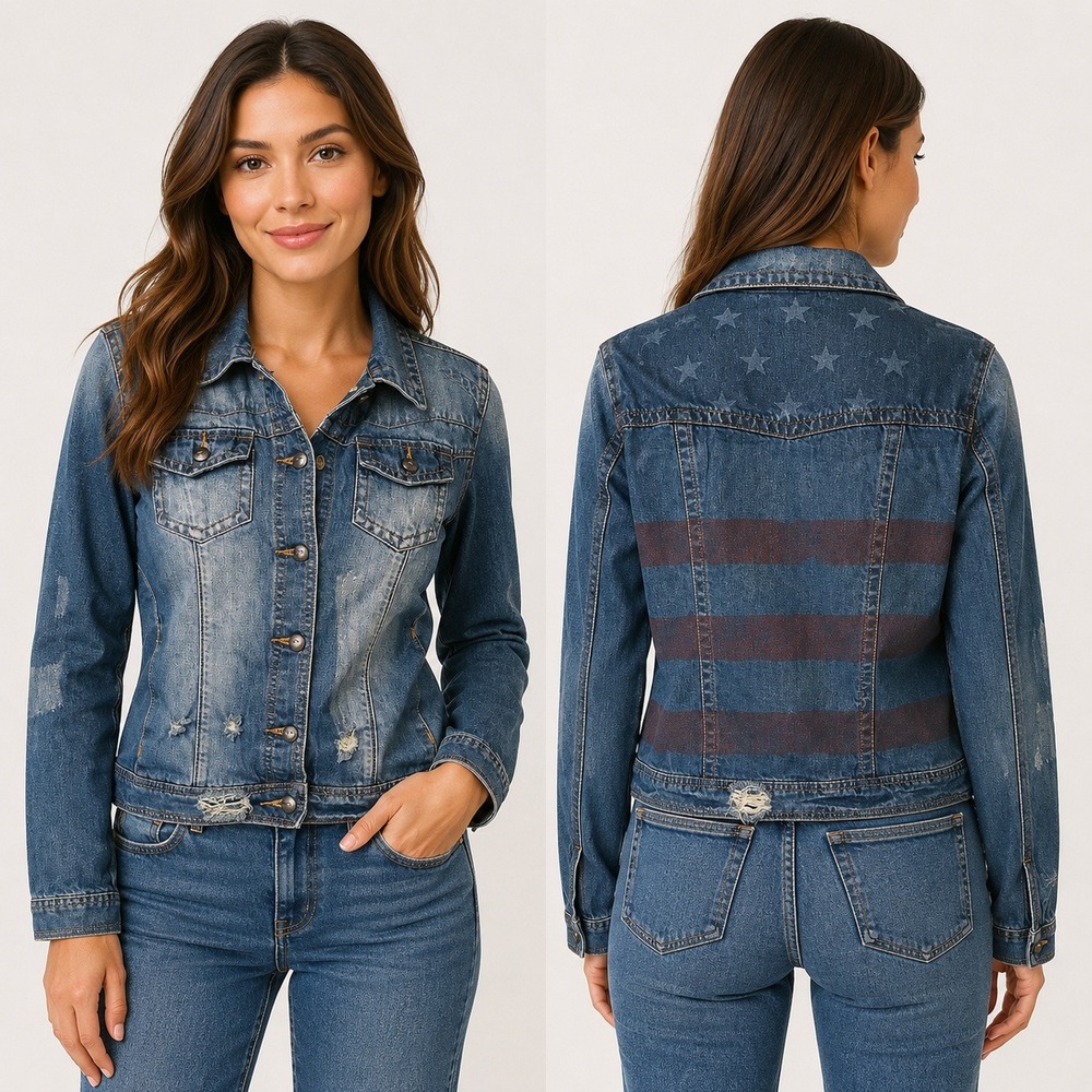 White Crow Boho Chic Americana Distressed Denim Jacket Blue Stars Stripes Flag